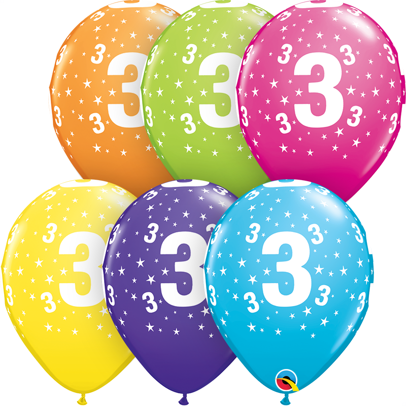 Zahlenballons "3" 28 cm ø gemischte Farben